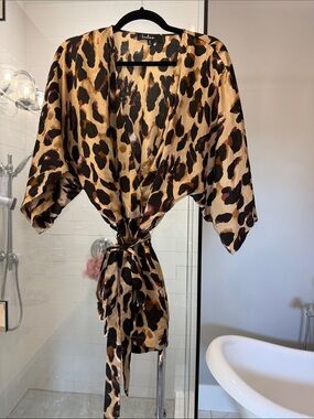 Lulu's Leopard Print Satin Kimono in Tan, Black, Brown